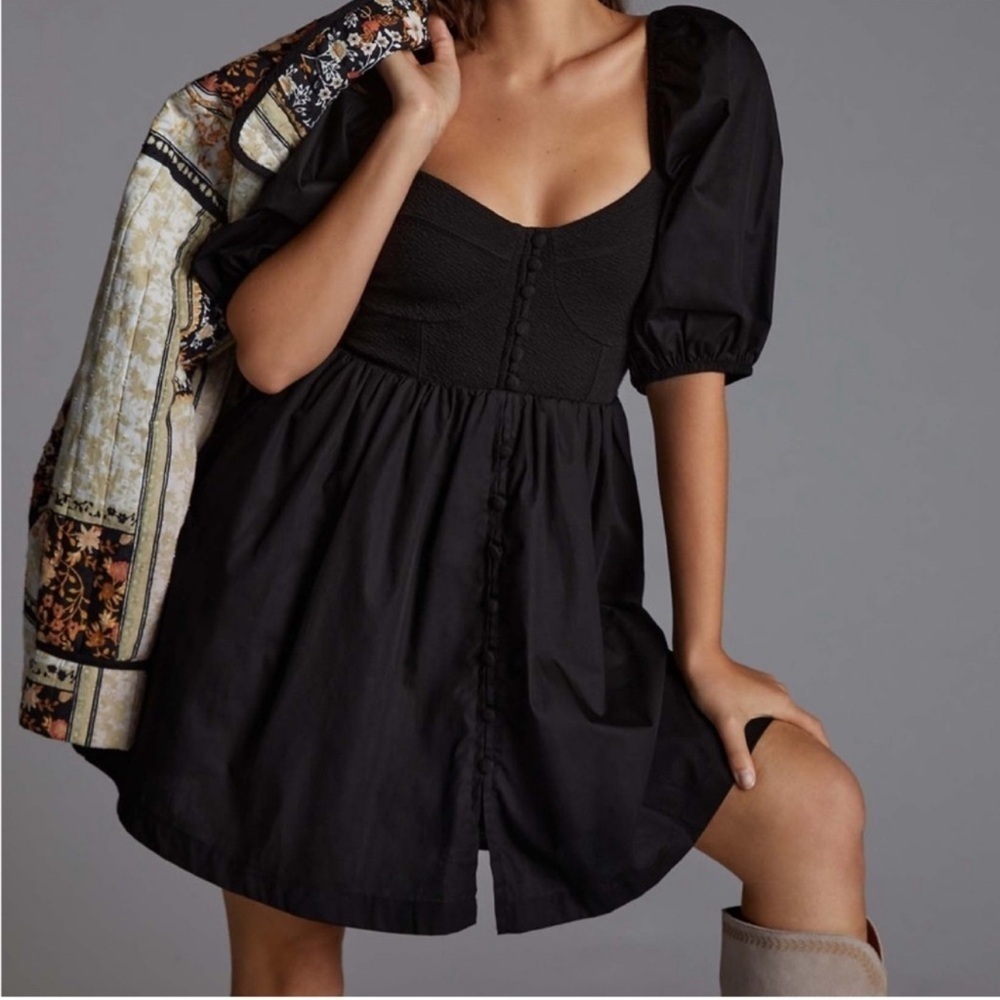 Maeve, Anthropologie, black puff sleeve sweetheart neck dress